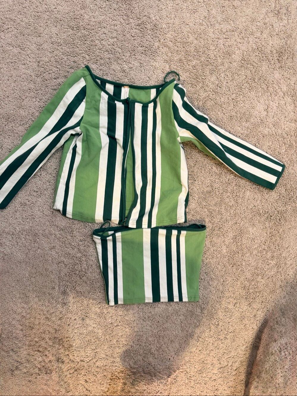 Free People Green White Striped Crop Top Shirt & Tube Top Bandeau Set Size XS